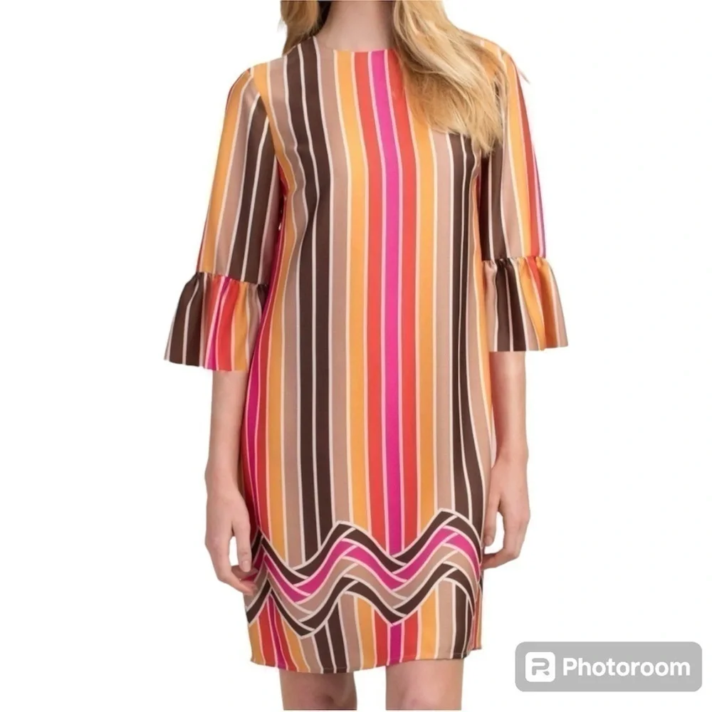 TRINA TURK Raquel Dress Mini Striped Shift Retro Bell Sleeves NEW Size 2
